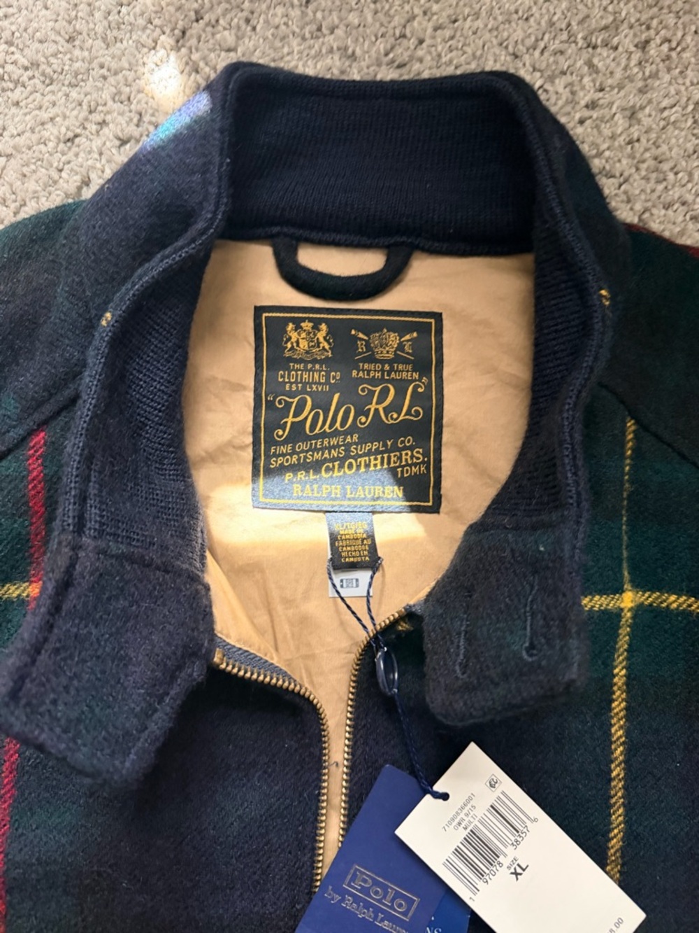 Ralph Lauren Green Navy Plaid Wool Zip Jacket with Red & Yellow Accents